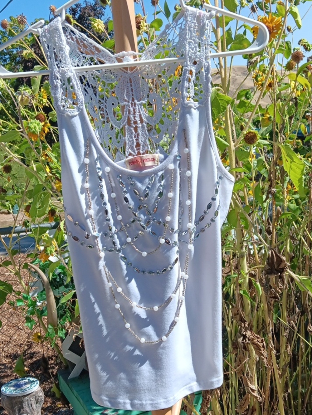 Women's White Beaded Tank Top - Vintage Vibe